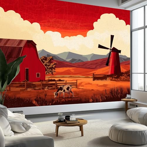Fototapete Rot Scheune Windmühle Tapete 450 x 315 cm (B x H), Moderne Vliestapete 3d Effekt Wand Dekoration Landhausstil Motivtapeten Wandtapete Wohnzimmer Restaurant Kinderzimmer von Generisch