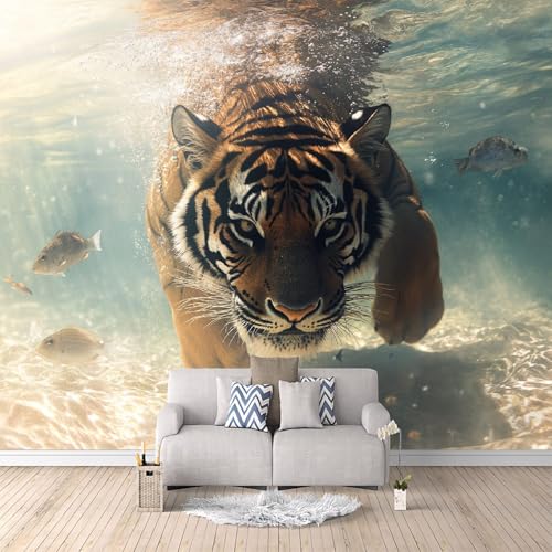 Fototapete Tiger Unterwasser 3D-Druck Muster Tier Wandbilder 450x315 cm Vliestapete Einfache Montage Trockenen/Feuchten Tuch Reinigen Wanddeko für Schlafzimmer Wohnzimmer Kinderzimmer Wandbilder von Generisch