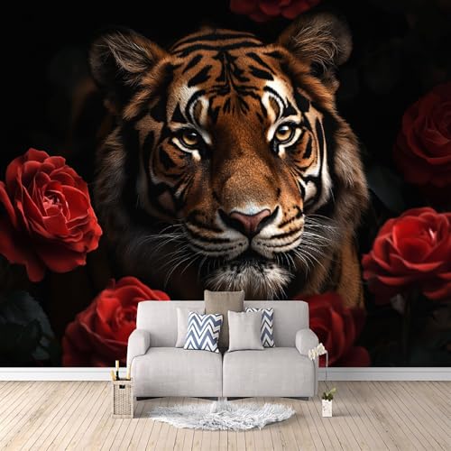 Fototapete Tiger Vlies Tapeten Wandtapete 200 x 200 cm (B x H) Moderne Wanddeko Design Wand Dekoration Wohnzimmer Schlafzimmer Rote Rose Tier Tiger c-c-1071-b-a von Generisch