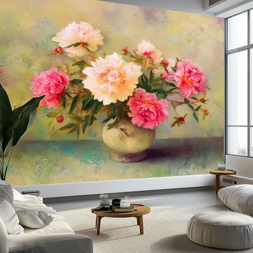 Fototapete Vintage Ölgemälde Wanddekoration, Blumen Pfingstrosen Vasen Tapeten Wandtapete 300 x 210 cm (B x H), für Wohnzimmer Schlafzimmer Wandtapete Panorama Poster Wandbild für Kinderzimmer von Generisch