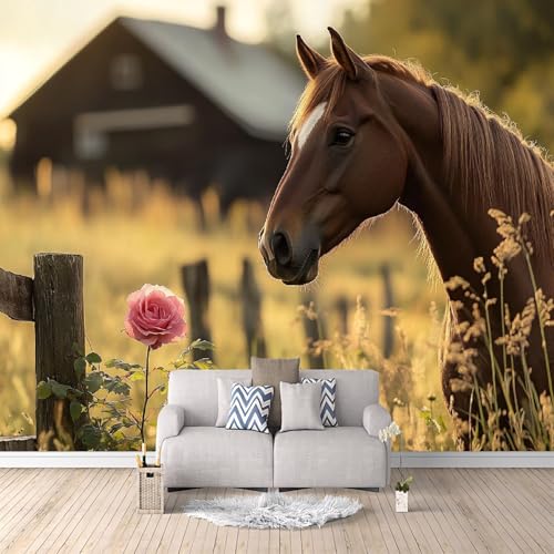 Fototapete Wanddeko 350 x 256 cm (B x H) Pferd Motivtapeten Wandtapete, Vliestapete Panorama Poster Wanddeko, Küche Wohnzimmer Schlafzimmer Bauernhof Blumen Tiere Pferd c-A-1077-a-a von Generisch