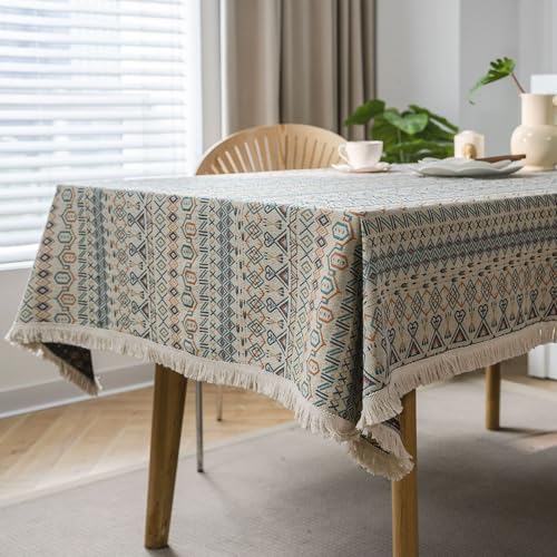 Fransen-Tischdecke, dickes Polyester-Baumwoll-Mischgewebe, Bezug mit grüner Lotus-Pflaumenblüte und geometrischen Mustern, für Esszimmer und Heimdekoration (B 140 x 300 cm) von Generisch