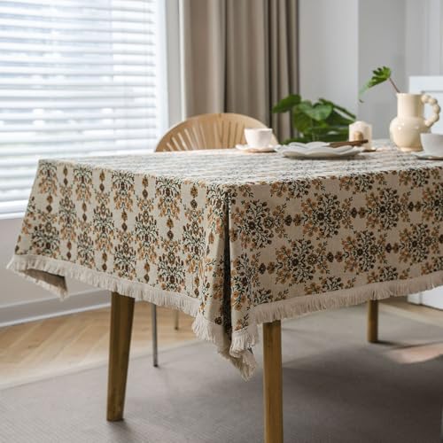 Fransen-Tischdecke, dickes Polyester-Baumwoll-Mischgewebe, Tischdecke mit grüner Lotus-Pflaumenblüte und geometrischen Designs für Esszimmer und Heimdekoration (C 140 x 220 cm) von Generisch