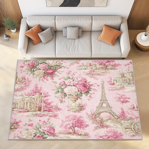 Französische Landhausstil Kurzflor Teppich Wohnzimmer 240x300 cm Rosa Blumen Teppiche Waschbar Weich - Retro-Architektur Carpet Groß für Schlafzimmer und Esszimmer von Generisch