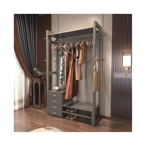 Freistehende Garderobenleiste aus Massivholz mit Schublade, multifunktionales Kleider- und Schuhregal für Schlafzimmer, Wohnzimmer und Eingangsbereich, Grau, vertikales Design Freistehende Garderobenleiste aus Massivholz mit Schublade, multifunktionales Kleider- und Schuhregal für Schlafzimmer, Wohnzimmer und Eingangsbereich, Grau, vertikales Design von Generisch