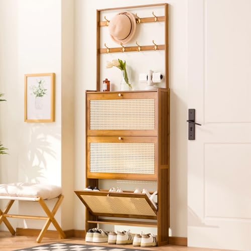 Freistehende Rattan-Garderobe mit klappbaren Schubladen und Schuhaufbewahrung für Eingang und Flur, natürliches Design von Generisch
