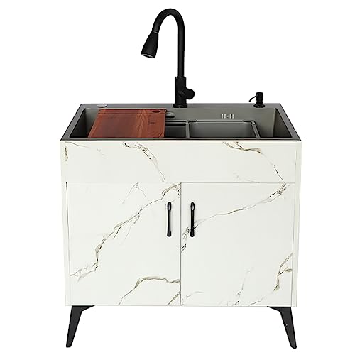 Freistehende Spüle, kommerzielle Küchenspüle, Schrank mit Schrank, Mehrzweckspülen für eine Waschküche mit ausziehbarem Wasserhahn, Seifenspender und geräumiger Waschtisch für Zimmer, Garten von Generisch