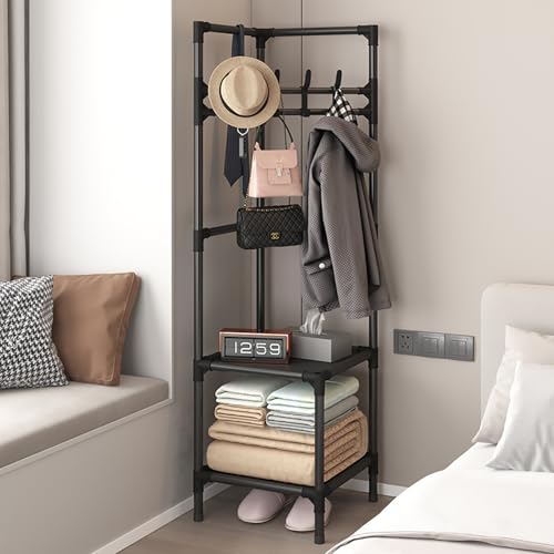 Freistehender Eck-Flurbaum - Garderobenleiste mit 3 Etagen Regal & Haken für Eingangsbereich Flur & Schlafzimmer - Stilvolles schwarzes Design platzsparend (2 Ebenen) von Generisch