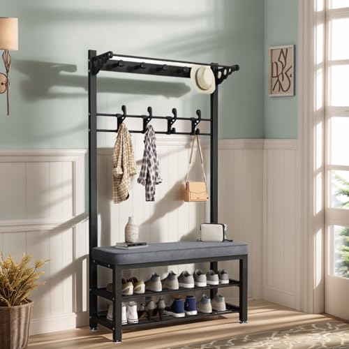 Freistehender Eingangsbereich mit Bank und Schuhregal, 2-stöckiger Metallrahmen mit weichen Kissen und doppelseitigen Haken für organisierten Flur, Wohnzimmer oder Schlammraum Freistehender Eingangsbereich mit Bank und Schuhregal, 2-stöckiger Metallrahmen mit weichen Kissen und doppelseitigen Haken für organisierten Flur, Wohnzimmer oder Schlammraum von Generisch