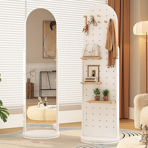 Freistehender Ganzkörperspiegel mit Garderobe, 2-in-1 drehbarer Ankleidespiegel mit Haken und Ablage für Schlafzimmer Wohnzimmer von Generisch