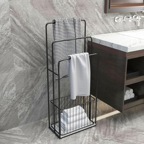 Freistehender Handtuchhalter, Schmiedeeisen, bodenstehend, Handtuchaufbewahrung, multifunktionaler Handtuch-Organizer für Arbeitszimmer und Hotel, mit schmutzigem Wäschekorb von Generisch