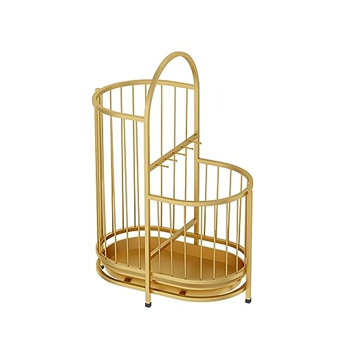 Freistehender Schirmständer aus Metall mit Abtropfschale und Haken, rundes Design, goldfarben, 32 cm Höhe von Generisch