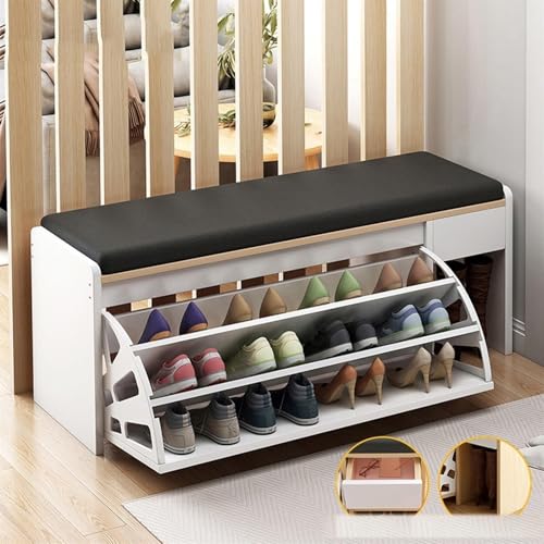 Freistehender Schuhschrank aus Holz mit versteckten Schubladen, offenen Regalen und Aufbewahrungsmöglichkeit, stilvoller Eingangsschuh für Flur und Wohnzimmer (B100 x 30 x 51 cm) von Generisch