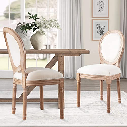 French Country Esszimmerstühle 4er-Set Bauernhaus-Stoff Esszimmerstühle mit runder Rückenlehne, ovale Seitenstühle mit Gummiholzbeinen, für Wohnzimmer, Küche, Restaurant (Beige) von Generisch