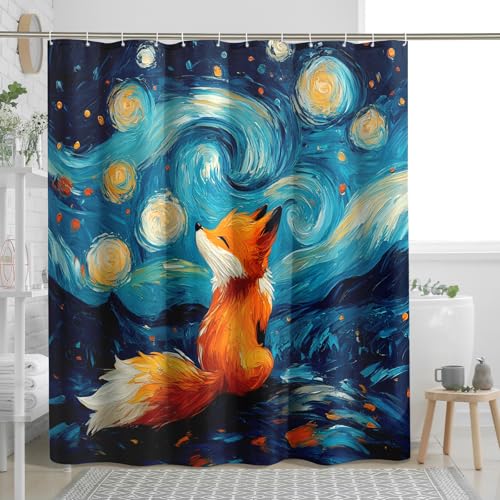 Fuchs-Duschvorhang, bunter orangefarbener Fuchs im Sternennacht-Design für Badezimmer-Dekor, Herbst, Winter, moderne Kunst, wasserdichter Stoff, Duschvorhang-Set mit Haken, 183 x 190 cm Fuchs-Duschvorhang, bunter orangefarbener Fuchs im Sternennacht-Design für Badezimmer-Dekor, Herbst, Winter, moderne Kunst, wasserdichter Stoff, Duschvorhang-Set mit Haken, 183 x 190 cm von Generisch
