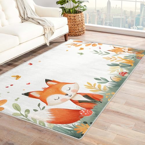 Fuchs Teppich Kinderzimmer - Teppich Wohnzimmer Schlafzimmer Waldtiere, Kleiner Teppich Schmetterling Blumen, Weich Kurzflor & Waschbar & rutschfest Fussmatte Innen, Kinderteppich 80x150 cm von Generisch