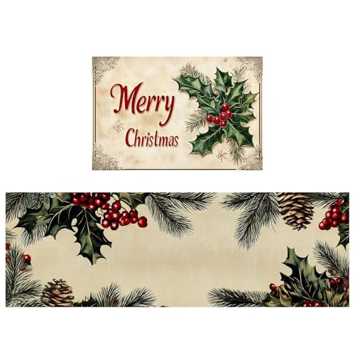 Fußmatte Innen Küchenmatten mit Aufschrift „Frohe Weihnachten“, 2er-Set, Winter-Heimdekoration, niedrige Küchenteppiche für den Boden, 40,6 x 61, 40,6 x 119,4 cm (A, One Size) von Generisch