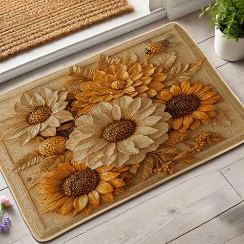 Fußmatte mit Sonnenblumenmotiv, gelbes Blumenmuster, für Innen- und Außenbereich, rustikale Dekoration, Gummi, wasserdicht, rutschfest, staubabsorbierend, leicht zu reinigen, 73 x 43 cm von Generisch