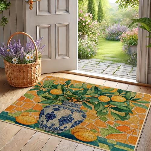 Fußmatte mit Zitrusblumen, gelbe Zitronen, Fußmatte für Außen- und Inneneingang, saisonale Dekoration, Gummi, wasserdicht, rutschfest, staubabsorbierend, leicht zu reinigen, 73 x 43 cm von Generisch