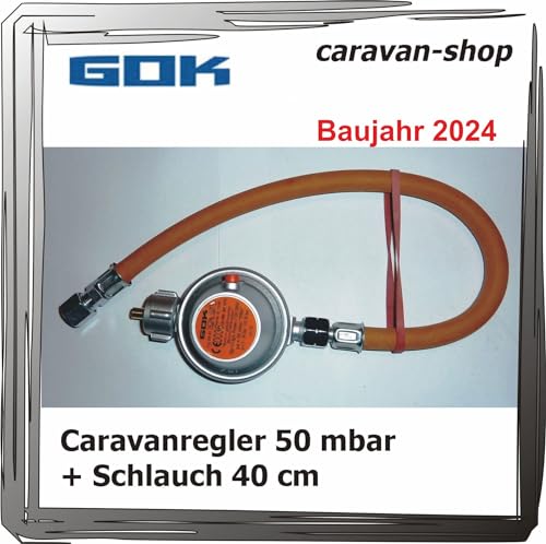 GOK Druckminderer für Caravan/Wohnmobil 50 mbar + Schlauch 40 cm, Gas Wohnwagen von Generisch