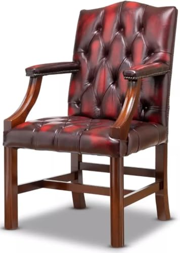Gainsborough Chesterfield Schreibtischstuhl, 100 % echtes antikes rotes Leder, handgefertigter Besucherstuhl mit tiefer geknöpfter Rückseite, Mahagoni-Massivholzrahmen und bronzefarbenen Nieten von Generisch