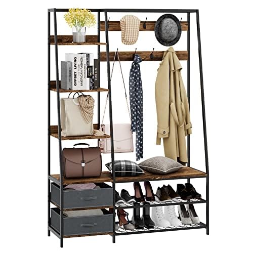 Garderobe mit Sitzbank, Garderobenständer mit 6 Ebenen, 9 Doppelhaken, 2 Stoffkommoden und Schuhregal, Flurgarderobe für Flur und Schlafzimmer, Industrie-Design, 122 x 40 x 180 cm Garderobe mit Sitzbank, Garderobenständer mit 6 Ebenen, 9 Doppelhaken, 2 Stoffkommoden und Schuhregal, Flurgarderobe für Flur und Schlafzimmer, Industrie-Design, 122 x 40 x 180 cm von Generisch