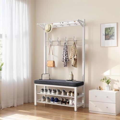 Garderobenleiste Schuhbank Eingangsbereich Flur Baum mit 2 Etagen Schuhaufbewahrung und 9 Haken, einfach zu montierender Metallrahmen mit verstellbaren Füßen von Generisch