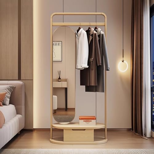 Garderobenleiste aus Massivholz mit Ganzkörperspiegel, vertikales Design, für Eingangsbereich, Schlafzimmer und Wohnzimmer, stilvoller Kleiderbügel und Ankleidespiegel (Holzfarbe) von Generisch