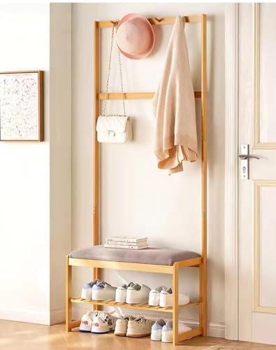 Garderobenleiste aus natürlichem Bambus, mit Schuhbank, 4-in-1-Industrie-Flurbaum, 3/4-Haken & 2-stöckiger Stauraum für Eingangsbereich & Wohnzimmer (69 x 31 x 170 cm) von Generisch