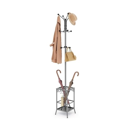 Garderobenleiste mit 12 Haken, freistehend, mit Schirmhalter, perfekt für Mäntel, Schals, Taschen, stilvoll, grau, Eingangsbereich von Generisch