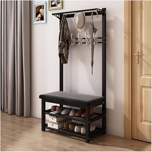 Garderobenleiste mit Schuhbank, industrieller 4-in-1-Flurbaum mit 5 Haken und 2-lagigem Aufbewahrungsregal, Flurständer (schwarz + grau, 60 x 33 cm) von Generisch