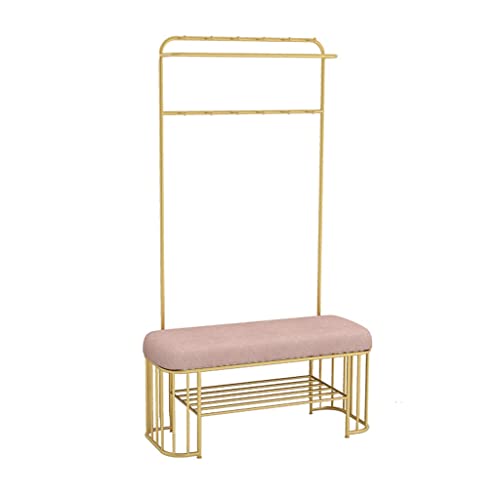 Garderobenleiste mit Sitzbank Stabiler Metallständer für Flur & Schlafzimmer Kleiderbügel mit Haken & Schuhregal Gold & Rosa 80x37x180cm von Generisch