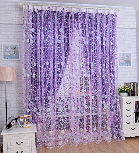 Gardinen Vorhänge Verdunkelung Halbtransparent Vorhang Blickdicht Gardinen Schals Schal-Vorhang-Fenster-Raum-Druck-Blumenvoile-Tür-Teiler-lila Gardinen Kurz Wohnzimmer 90 (Purple, One Size) von Generisch