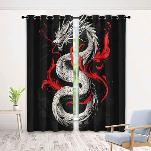 Gardinen Wohnzimmer Schwarz Drachen Vorhänge Blickdicht Japanischer Stil Curtain, Vorhang für Schlafzimmer Dekoration Thermo Verdunkelungsvorhang mit Ösen 2er Set 225 x 140cm (H x B) von Generisch