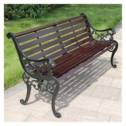 Gartenbank aus Aluminiumguss mit Rückenlehne und Armlehnen, 150 cm, Gartenmöbel, für 2–3 Personen, Holzoptik, braune und schwarze Beine, ideal für Terrasse und Terrasse von Generisch