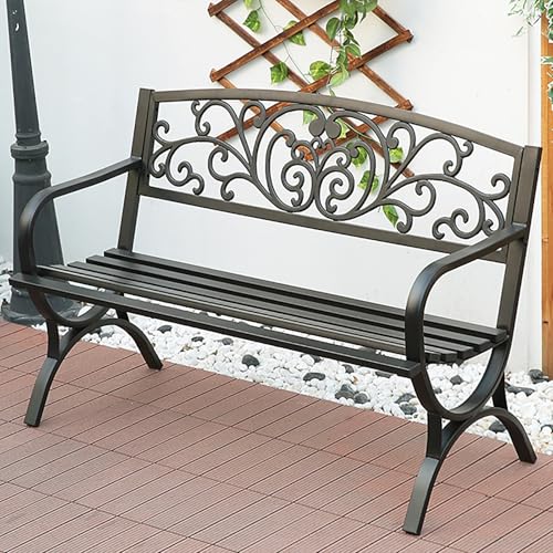 Gartenbank aus Metall, wetterbeständig, mit Rückenlehne und Armlehnen, geschnitztes Design, stilvolle schwarze Veranda-Möbel für Veranda und Hof von Generisch