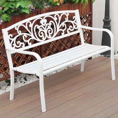 Gartenbank aus Metall mit Rückenlehne und floralem Schnörkelmuster, wetterfeste Gartenmöbel mit Armlehne für Terrasse, Veranda und Park (130 cm) von Generisch
