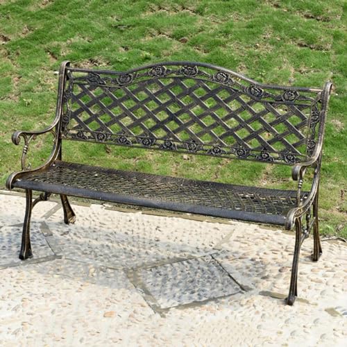 Gartenbank für den Außenbereich, mit rostbeständigem Gusseisenrahmen, Rückenlehne und Armlehnen im Blumendesign, für Hof, Rasen, Veranda und Deck-Dekor von Generisch