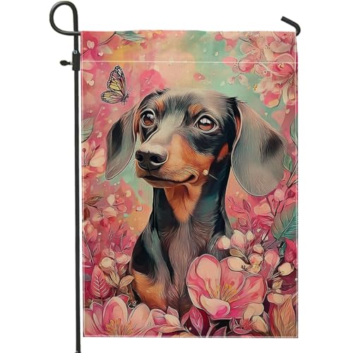 Gartenflagge für Frühling und Sommer, bunter Hund mit Blumen und Schmetterlingen, doppelseitige Jute-Hofflagge, Outdoor-Dekoration für Zuhause und Partys, 30,5 x 45,7 cm Gartenflagge für Frühling und Sommer, bunter Hund mit Blumen und Schmetterlingen, doppelseitige Jute-Hofflagge, Outdoor-Dekoration für Zuhause und Partys, 30,5 x 45,7 cm von Generisch
