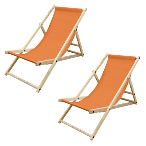 Gartenliege Holz 2er Set Beachstuhl klappbarer Strandstuhl Strandliege Campingliege Sonnenliege Orange Klappliegestuhl Relaxliege von Generisch