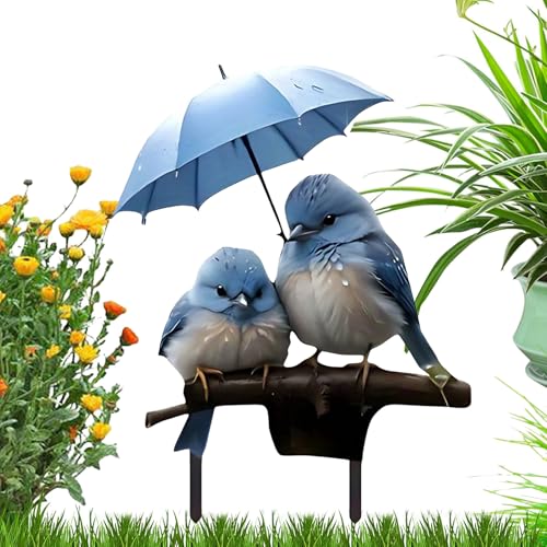 Gartenstäbe Deko - 2D Acryl Flache Blumentopf-Einsatzdekoration | Vogel mit Regenschirm Gartenstäbe Dekoschild für Terrasse Vorgarten Gartenweg Beetdekoration von Generisch