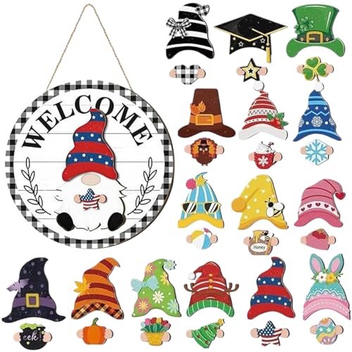 Gartenzwerg Türschild, Abnehmbare Hüte und magnetische Verzierung, Halloween Gartenzwerg Willkommensschild Dekoration, für Haustür, Bauernhaus und Wand von Generisch