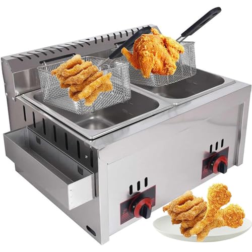 Gasfritteuse – Doppelzylinder Edelstahl LPG Fritteuse für Restaurant – Arbeitsplatte LPG Fritteuse mit Temperaturregelung (10 l + 10 l) – inklusive Korb von Generisch
