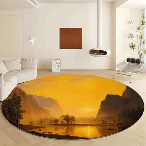 Gelb Runder Teppich - Waschbar rutschfest, Landschaft Sonnenuntergang Berge Weicher Kurzflor Teppich mit Rutschfester Rückseite Ø 90 cm für Schlafzimmer Wohnzimmer Kinderzimmer & Büro von Generisch
