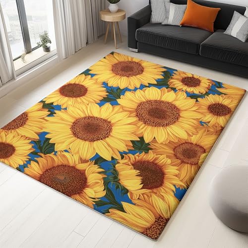 Gelb Teppich Blühende Blumen Sonnenblumenpflanze Flanell Flauschiger Rutschfester Teppich, Waschbarer Weich Kurzflor Fußmatten für Schlafzimmer Wohnzimmer Kinderzimmer Dekor 60 x 90 cm von Generisch