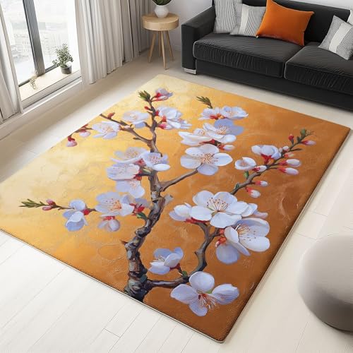 Gelb Teppich Chinesisch Zweige Blumen Flanell Flauschiger Rutschfester Teppich, Waschbarer Weich Kurzflor Fußmatten für Schlafzimmer Wohnzimmer Kinderzimmer Dekor 120 x 170 cm von Generisch