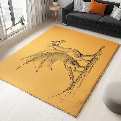 Gelb Teppich Handgezeichnete Strichzeichnung Drache Wohnzimmer Teppich 140 x 200 cm rutschfest Flanell Teppiche, für Flur Schlafzimmer Küche Korridor Wohnkultur Fußmatte von Generisch