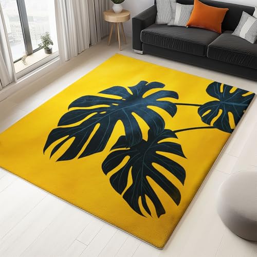 Gelb Teppich Monstera-Blätter Wohnzimmer Teppich 140 x 200 cm rutschfest Flanell Teppiche, für Flur Schlafzimmer Küche Korridor Wohnkultur Fußmatte von Generisch