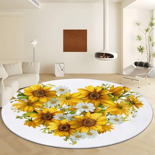 Gelb Teppich Rund Waschbare rutschfest Teppiche, Pflanzen Sonnenblume Herzmuster Bedruckter Kurzflor Teppich - Langlebig und Pflegeleicht Ø 90 cm für Wohnzimmer Schlafzimmer Kinderzimmer von Generisch
