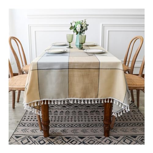 Gelbe karierte Tischdecke, 140 x 260 cm, waschbar, Polyester-Tischdecke mit Quasten, für Partys, Picknicks, Esszimmer und Gartendekoration von Generisch